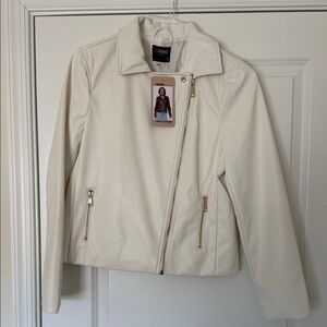 NWT Cisono Ivory Faux Leather Moto Jacket with Gold Hardware